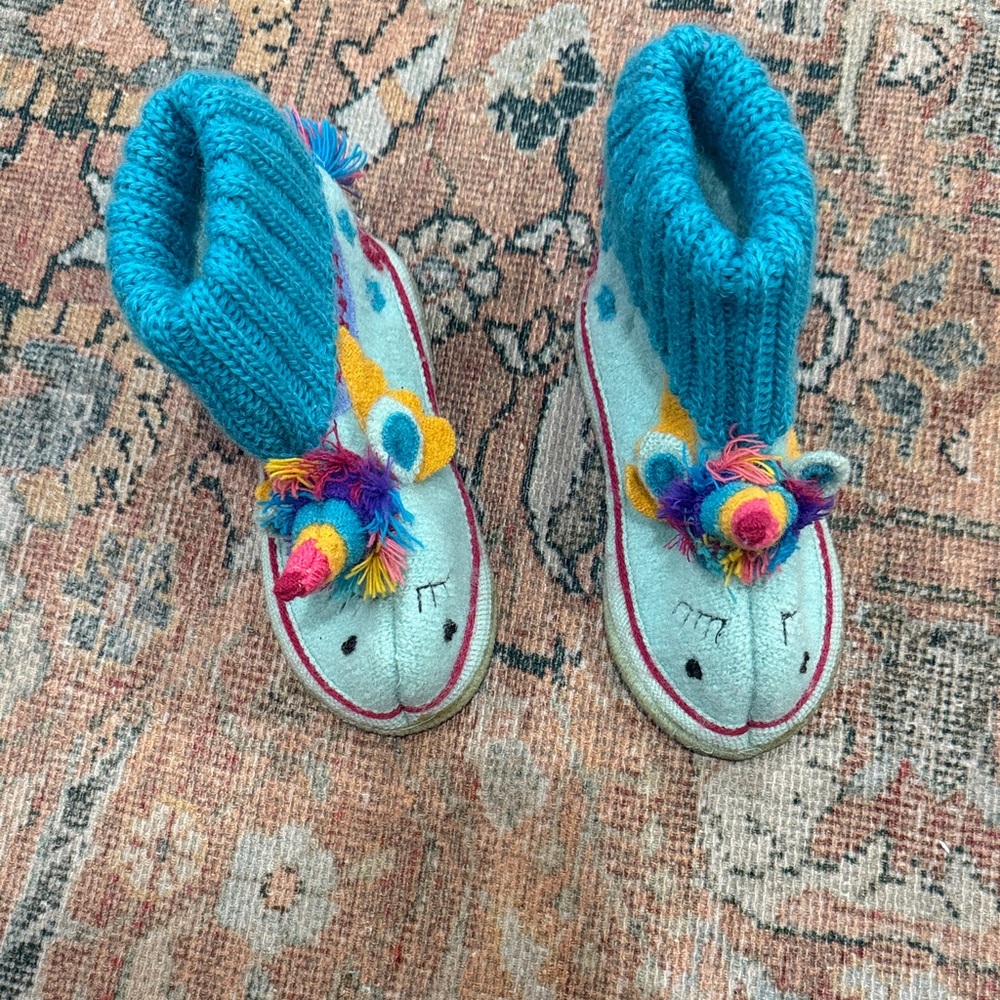 Garnet Hill Blue Unicorn Knit Slippers